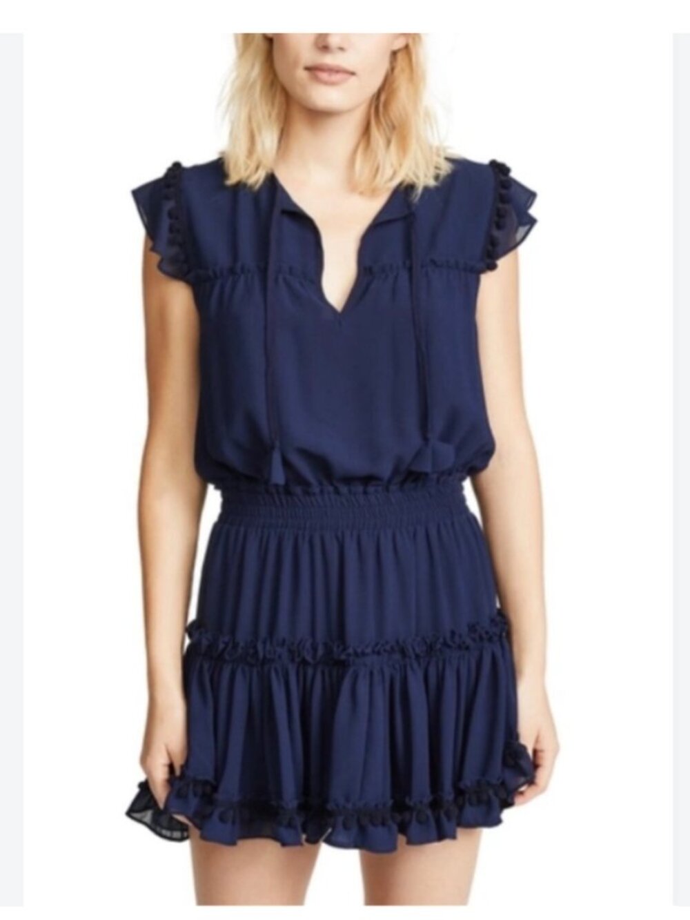 Misa Los Angeles Aryana Navy Blue Ruffle Mini Dress Smocked Waist m medium
